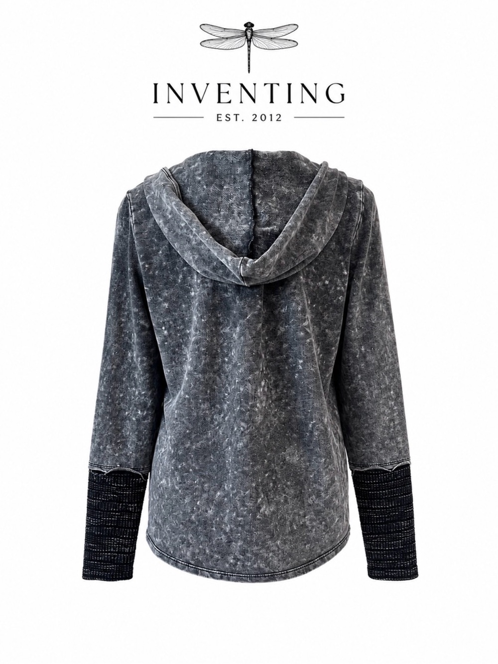 Charcoal Lace-Up Hoodie w/Textured Cuffs and Rhinestone Accents Lace Up Neckline